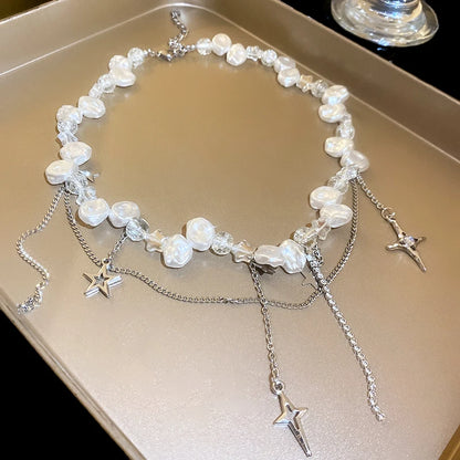 Silver Color Hollow Star Choker Necklaces For Women Long Tassel Rhinestone Imitation Pearl Chain Necklaces Statements Jewelry