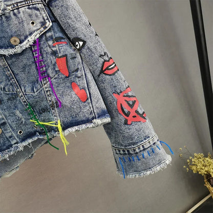 Women Diamonds Beaded Letters Graffiti Denim Coat Holes Rivets Tassels Jeans Bomber Jacket Casual Eyelet Cowboy Cardigan Jaqueta