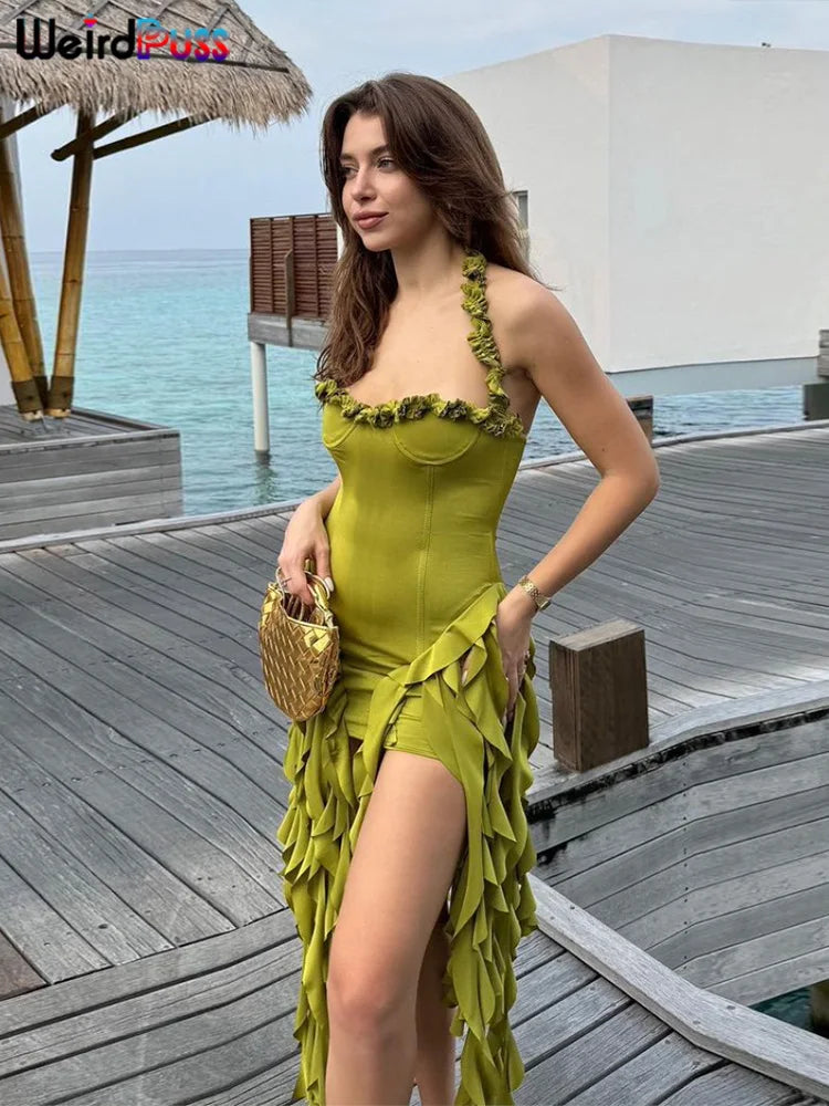 Weird Puss Chic Irregular Tassel Hem Dress Women Backless Halter Party Summer Sexy Birthday Party Split Midnight Club Bodycon