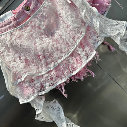 Ruffle Leaf Edge Irregular Curtain Skirt Sweet A Line Skirt Lace Splicing Denim Shorts Street Hipster Denim Shorts Women