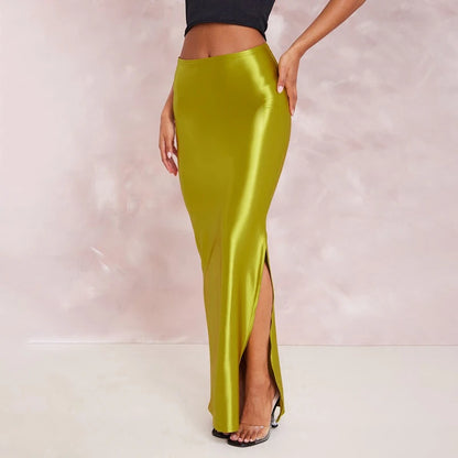 CUTENOVA Stain Long Solid Color Skirt Elegant High Waist Side Split Maxi Skirts Party Sexy Clothes for Women Autumn 2024