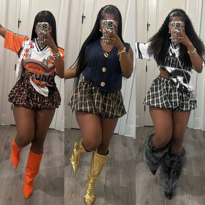 CMYAYA Autumn Bubble A-Line Basic Plaid Leopard High Waist Women's Bud Skirt Sweet Cute Sexy Casual 2024 Street Skirts Vacation