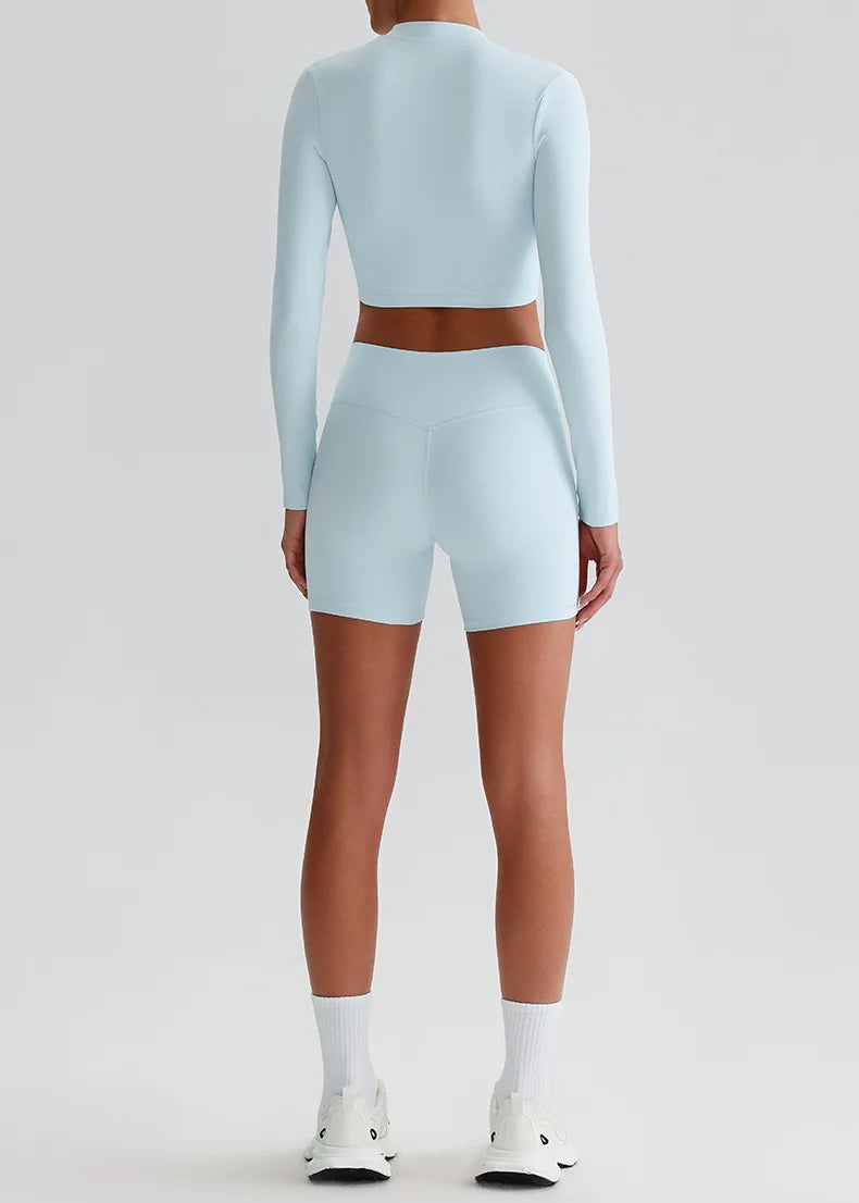 Customized LOGO Women's Skin-friendly Sports Yoga Clothing Slim Elastic Jacket Fitness Shorts Long Sleeve Two-piece Set