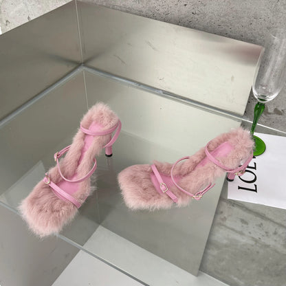 Eilyken 2025 New Brand Plush Fur Fuzzy Sandals Women Thin Heels Fashion Square Toe Ankle Lace Up Buckle Strap Slides Shoes