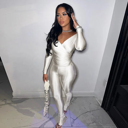 Simenual Casual Skinny Women Two Piece Set Sexy Deep V Crop Tops High Waist Pants Cyber Y2K Outfits Slim Co Ord Suits Streetwear