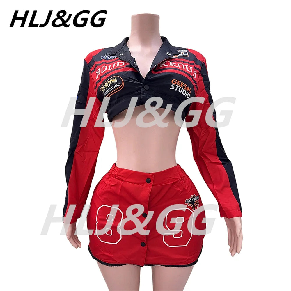 HLJ Letter Print Two Piece Outfits 2023 Autumn Winter Casual Sporty Baseball Coat Skirts Suits Detachable Buttons Y2k Streetwear