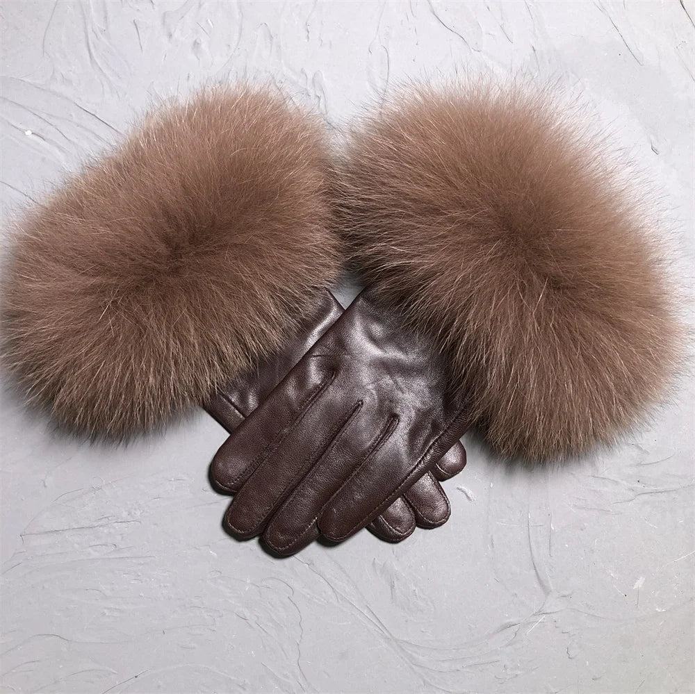 Jxwatcher Wholesale Fox Fur Gloves Winter Female Luxury Style Warm Sheepskin Genuine Leather Gloves Driving Thickening Mitten