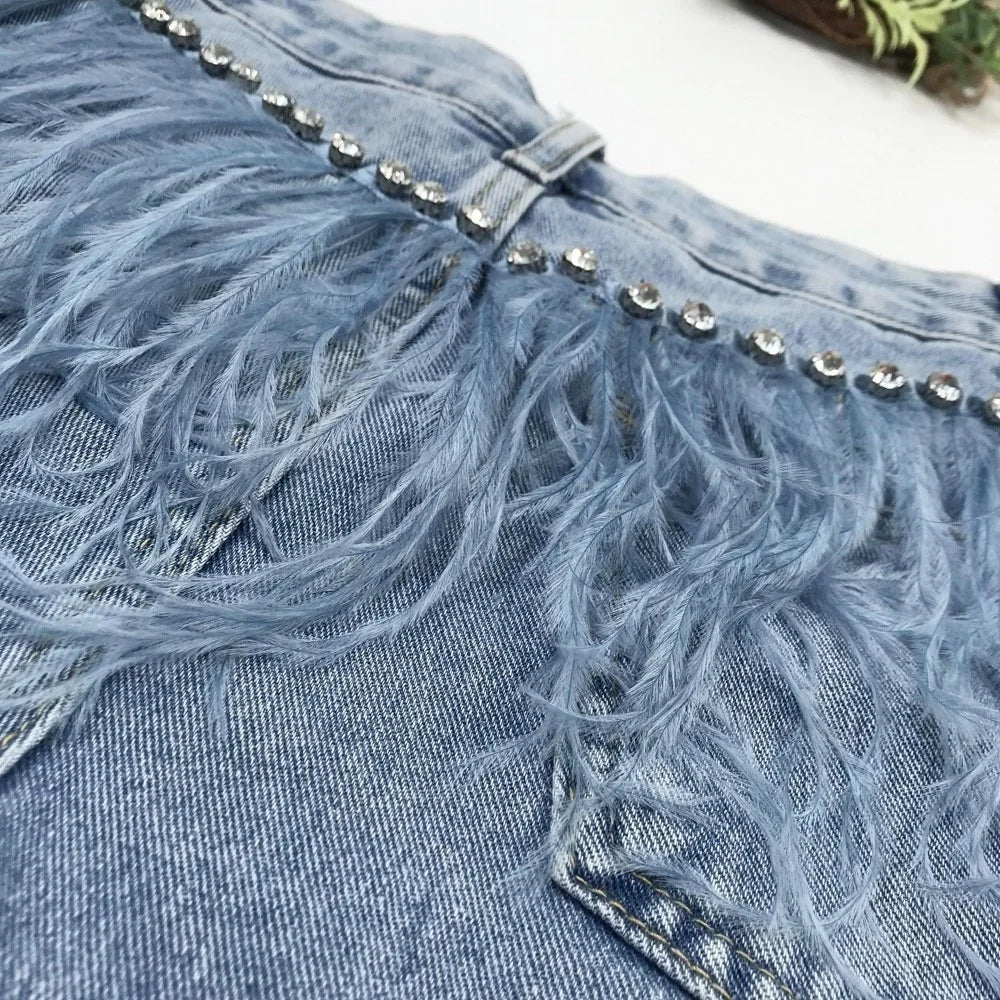 Rhinestone Beaded Exquisite Feather High Waist Denim for Women's Blue Jeans Shorts DS Nightclub Sexy Hot Pants Fashion