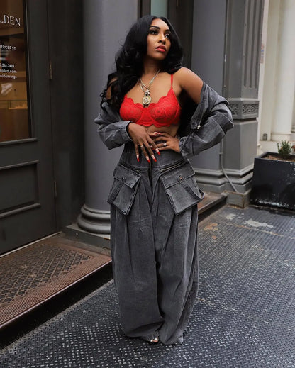Denim Two Piece Sets Women Coat Jacket Wide Leg Pants Jeans Suits Matching Sets Trousers Outfits 2025 Y2k Streetwear Party