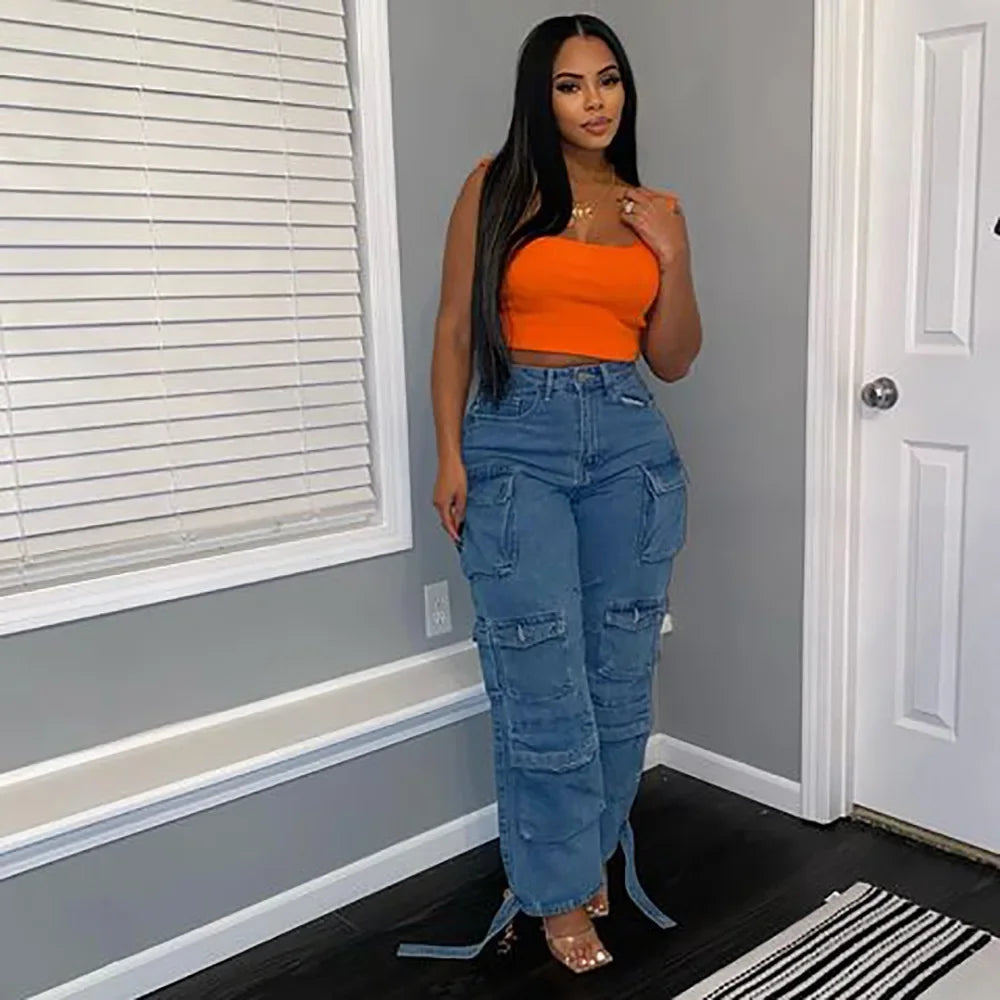 Solid Casual Baggy Cargo Pants for Women Youthful Female Trousers Multi-pocket Fashion Vintage Women's High Waist Wide Pants