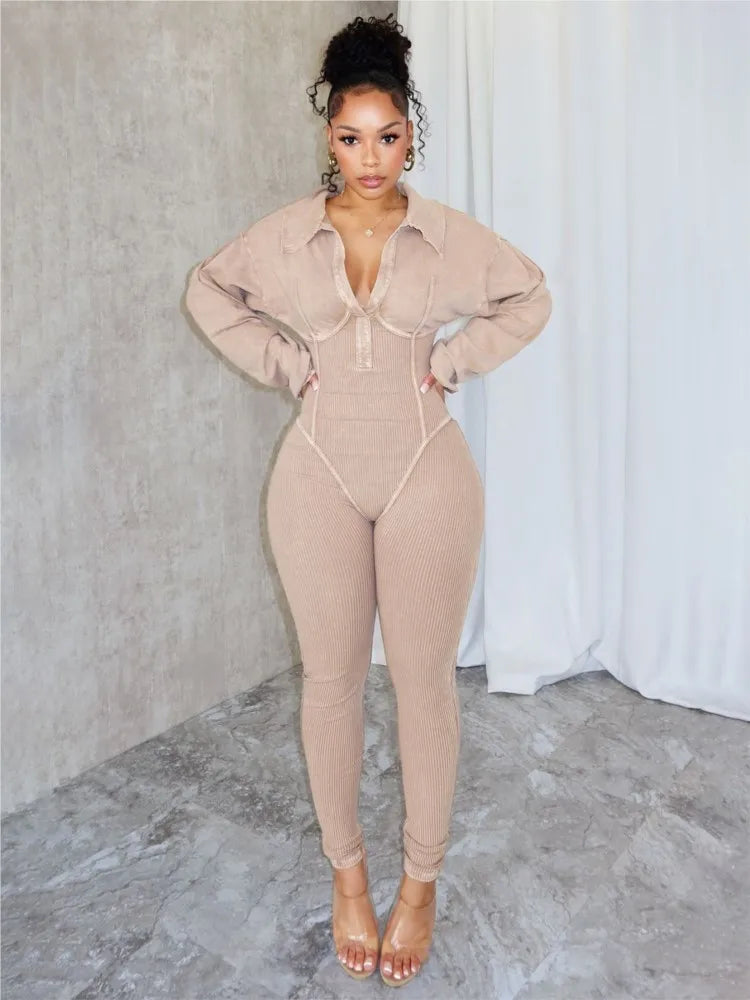 Women's Clothing 2025 Spring Summer New Fashion Bubble Sleeves Sexy Deep V Tight Waist Casual Long Sleeved Jumpsuit Pants