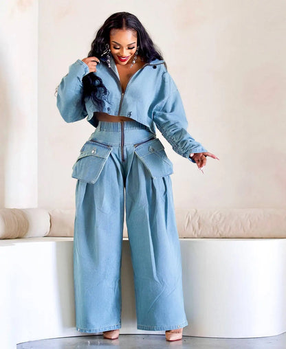 Casual Loose Denim Two Piece Set for Women Streetwear 2023 Autumn Zipper High Collar Crop Top Elastic Waist Wide Leg Cargo Pants