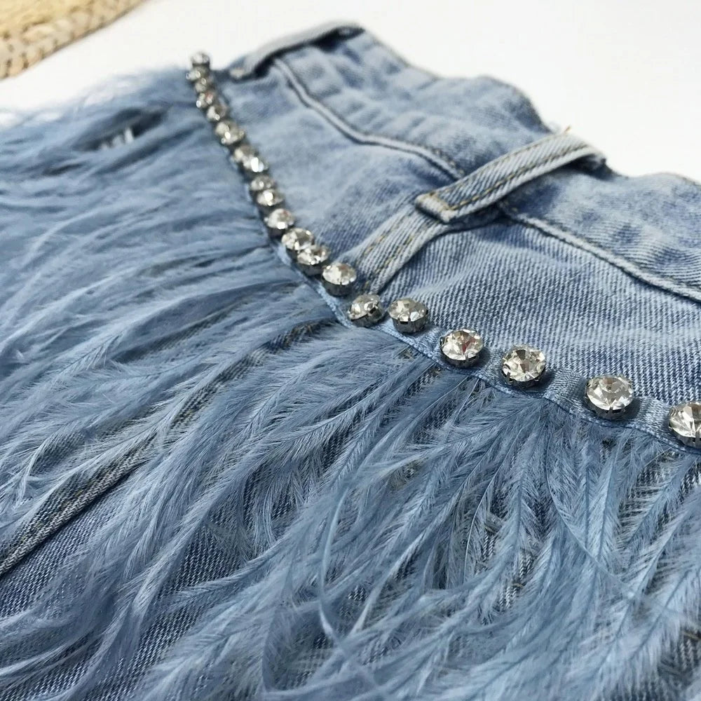 Rhinestone Beaded Exquisite Feather High Waist Denim for Women's Blue Jeans Shorts DS Nightclub Sexy Hot Pants Fashion