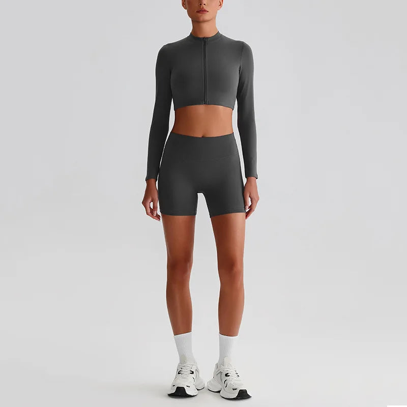 Customized LOGO Women's Skin-friendly Sports Yoga Clothing Slim Elastic Jacket Fitness Shorts Long Sleeve Two-piece Set
