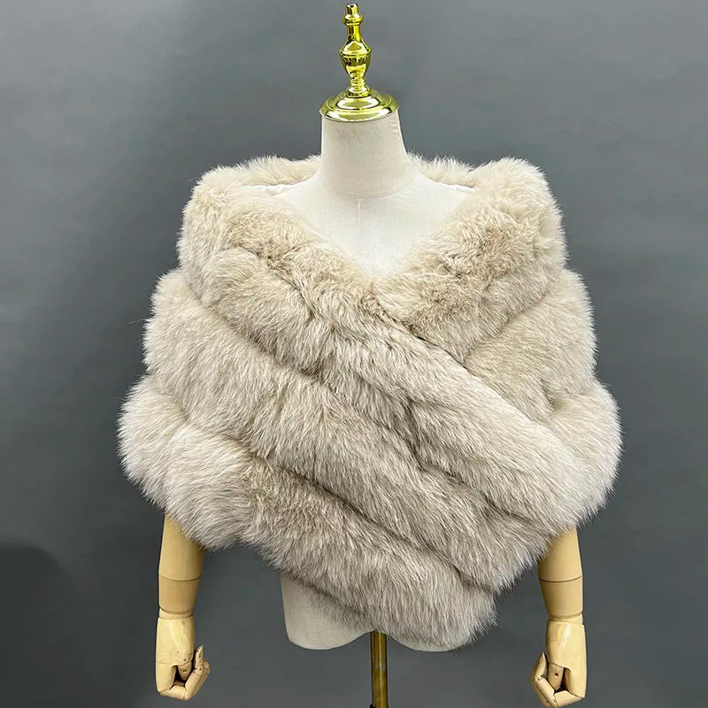 JANEFUR Real Fox Fur Shawl Poncho Women 2023 Luxury Elegant Wedding Bridal Formal Party Warm Winter Natural Fur Cape Coat