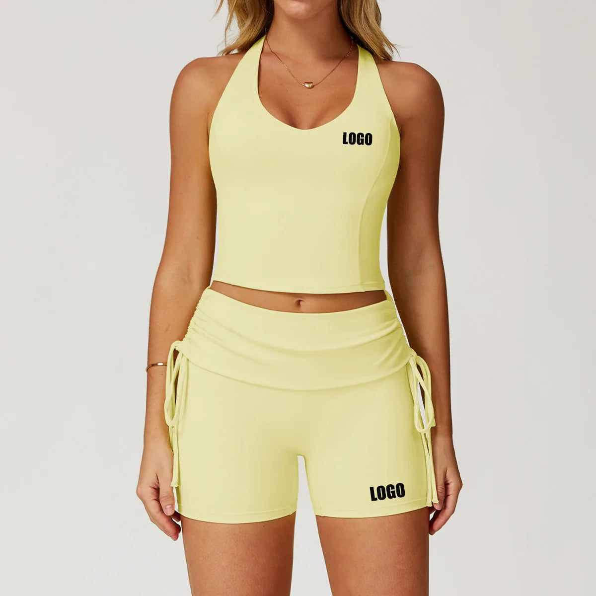 Custom LOGO nude yoga I-shaped beautiful back folded high waist shorts fitness clothes sports running two-piece set