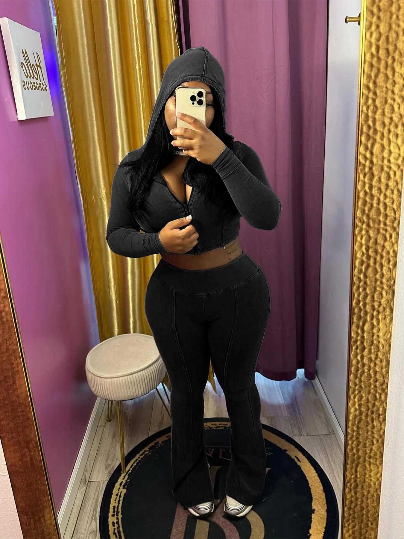 Weird Puss Distressed Women Two Piece Set Tracksuit Zip Hooded Jacket+Waistband Flare Pants Streetwear Matching Stripe Outfits