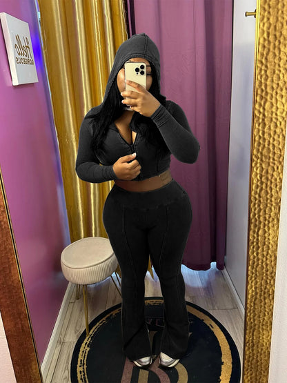 Weird Puss Distressed Women Two Piece Set Tracksuit Zip Hooded Jacket+Waistband Flare Pants Streetwear Matching Stripe Outfits