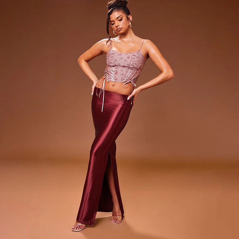 CUTENOVA Stain Long Solid Color Skirt Elegant High Waist Side Split Maxi Skirts Party Sexy Clothes for Women Autumn 2024