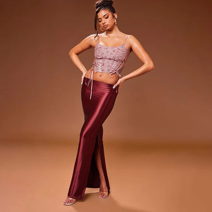 CUTENOVA Stain Long Solid Color Skirt Elegant High Waist Side Split Maxi Skirts Party Sexy Clothes for Women Autumn 2024