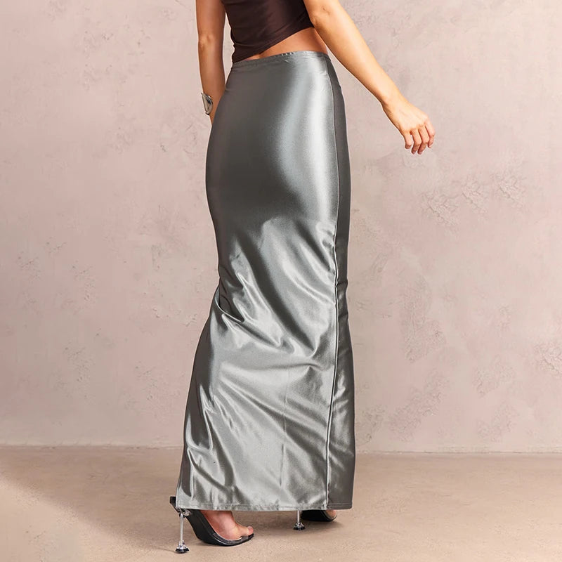 CUTENOVA Stain Long Solid Color Skirt Elegant High Waist Side Split Maxi Skirts Party Sexy Clothes for Women Autumn 2024