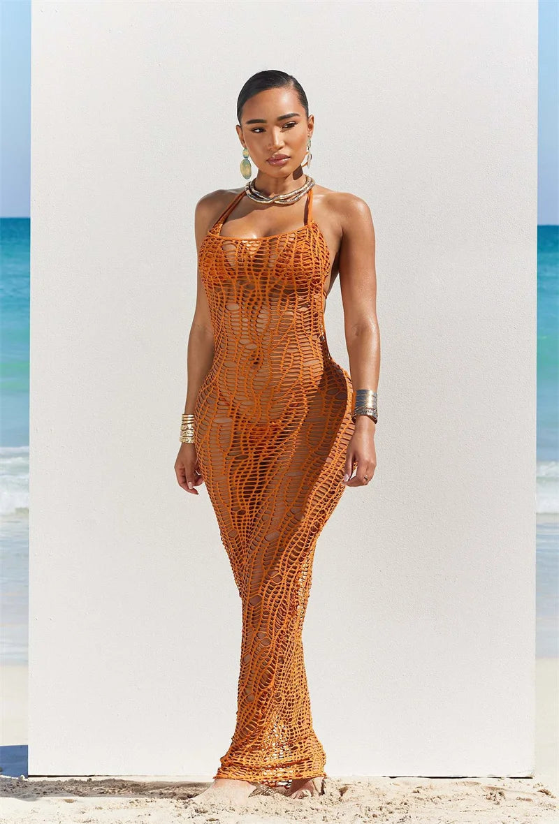 Women 3 Pieces Sexy Beach Bikini Set Backless Hollow Out Hole Knit Long Dress Cover Up+Lace Up Halter Bra Top+Underwear Swimsuit