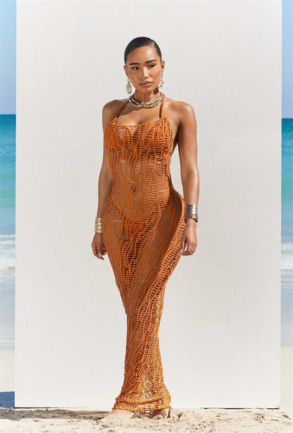 Women 3 Pieces Sexy Beach Bikini Set Backless Hollow Out Hole Knit Long Dress Cover Up+Lace Up Halter Bra Top+Underwear Swimsuit