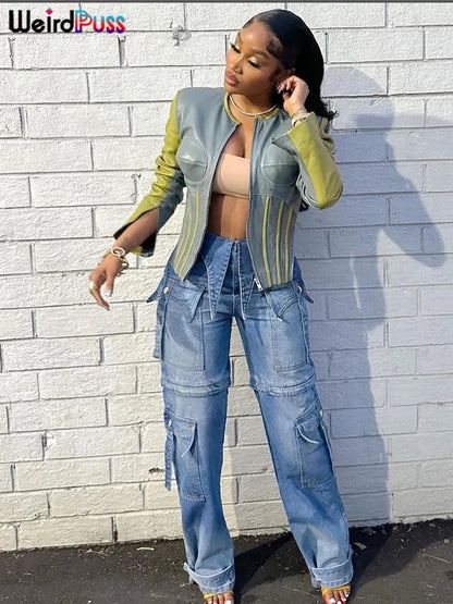 Weird Puss Hipster Patchwork Jacket Women Y2K Faux Leather Irregular Backless Zip Stripe Wild Basic Streetwear Autumn Trend Coat