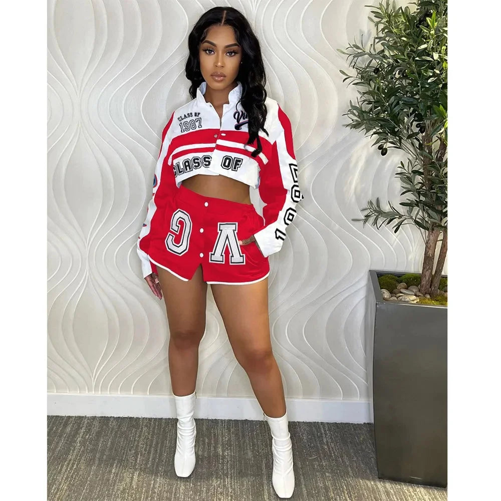 HLJ Letter Print Two Piece Outfits 2023 Autumn Winter Casual Sporty Baseball Coat Skirts Suits Detachable Buttons Y2k Streetwear