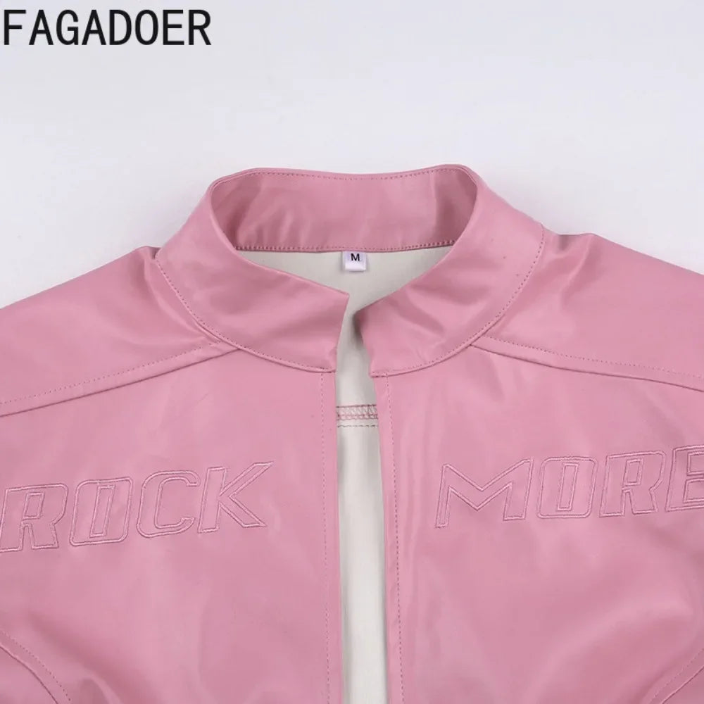 FAGADOER Y2k Punk Gothic Leather Jacket Women Cropped Lapel Letter Embroidery Moto Jackets Coat Short Female Streetwear New