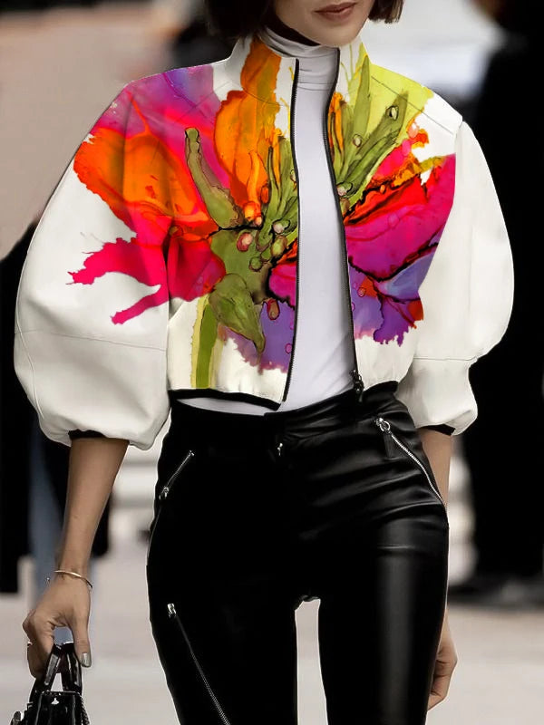 UOOZEE 2024 New Spring Women Stand Collar Jackets Fashion Elegant Floral Printed Puff Sleeves Loose Fit Casual Outerwears
