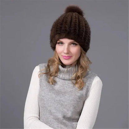 2024 New Genuine Mink Fur Hat Fashion Winter Warm Ball Caps With Copious Female Beanie Knit Cap and Liner 6 Colors BZ-11