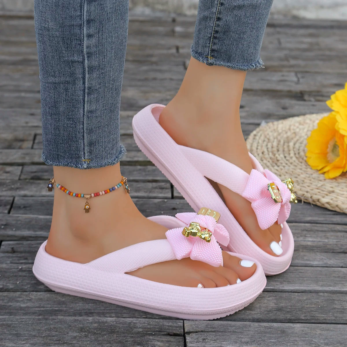Summer Women Multi-Color Flip Flops Fashion Metallic Teddy Bear Bow Slide Sandal Beach Vacation Home shower Versatile Footwear