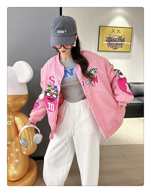 Cross-border Cartoon Embroidery Baseball Jacket For Men Women Casual Loose Fit Hip Hop Top Spring Autumn Letter Couple Jacket