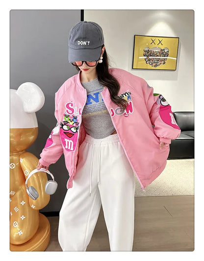 Cross-border Cartoon Embroidery Baseball Jacket For Men Women Casual Loose Fit Hip Hop Top Spring Autumn Letter Couple Jacket