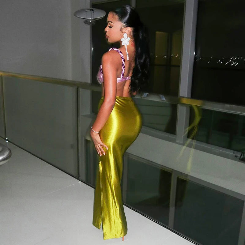 CUTENOVA Stain Long Solid Color Skirt Elegant High Waist Side Split Maxi Skirts Party Sexy Clothes for Women Autumn 2024