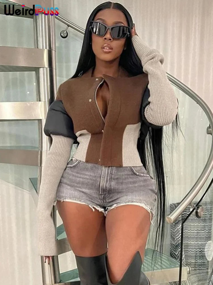 Weird Puss Contrast Patchwork Jacket Women Chic Zip Hipster Winter Trend full Sleeve Coat Wild Streetwear Casual Jersey Outwear