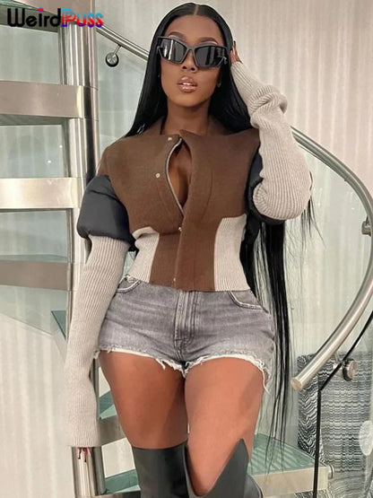 Weird Puss Contrast Patchwork Jacket Women Chic Zip Hipster Winter Trend full Sleeve Coat Wild Streetwear Casual Jersey Outwear