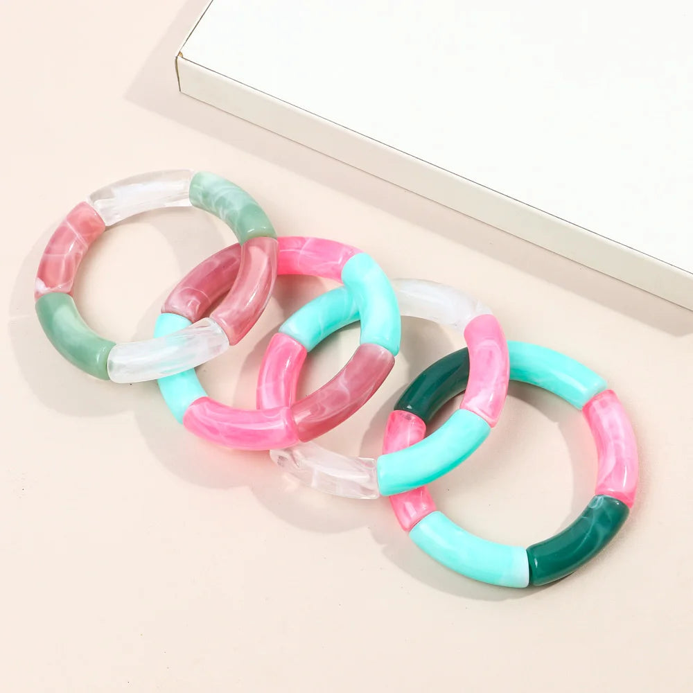 FishSheep Trendy Acrylic Stacked Bamboo Beads Bangles Bracelets for Women Bohemian Resin Elastic Beaded Bracelets Set Jewelry