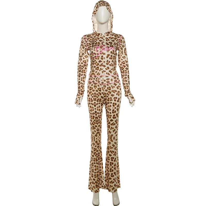 FAGADOER Sexy Leopard Print 2 Piece Sets Women Outfit Long Sleeve Zipper Hooded Crop Jacket + Flare Pants Suits Female Clothing