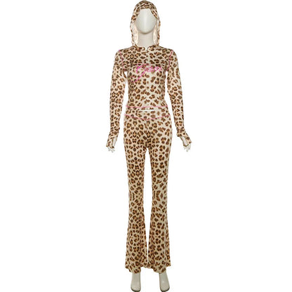 FAGADOER Sexy Leopard Print 2 Piece Sets Women Outfit Long Sleeve Zipper Hooded Crop Jacket + Flare Pants Suits Female Clothing