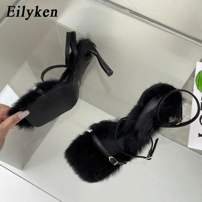 Eilyken 2025 New Brand Plush Fur Fuzzy Sandals Women Thin Heels Fashion Square Toe Ankle Lace Up Buckle Strap Slides Shoes