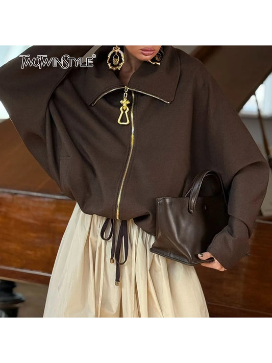 TWOTWINSTYLE Chic Splicing Personalized Zippers Jacket For Women Lapel Collar Long Sleeve Loose Coat Female Fashion Autumn
