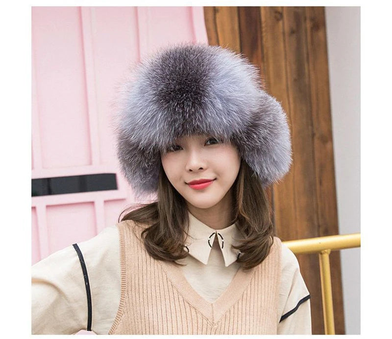 2025 100% Real Fox Fur Hats Women's Russian Ushanka Aviator Trapper Snow Skiing Hat Caps Earflap Winter Raccoon Fur Bomber Hat