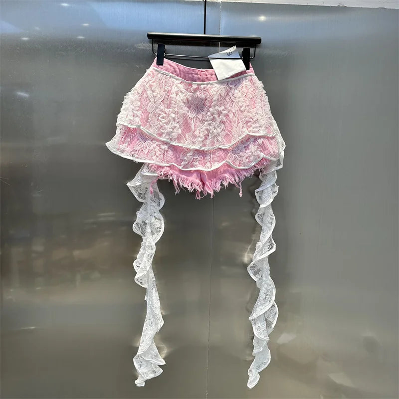 Ruffle Leaf Edge Irregular Curtain Skirt Sweet A Line Skirt Lace Splicing Denim Shorts Street Hipster Denim Shorts Women