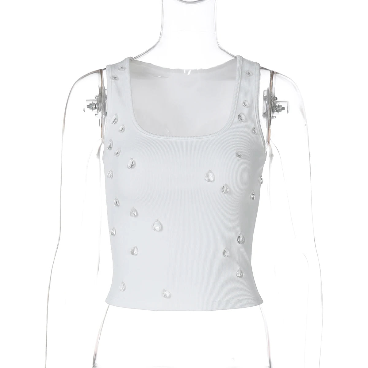 Dulzura Ribbed Sleeveless Water Droplets Diamond Decorated Tank Sexy Casual Bodycon Top Party Club Streetwear Spring Summer