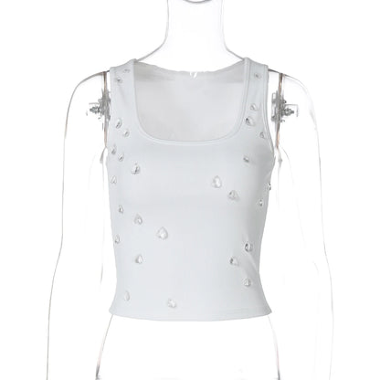 Dulzura Ribbed Sleeveless Water Droplets Diamond Decorated Tank Sexy Casual Bodycon Top Party Club Streetwear Spring Summer