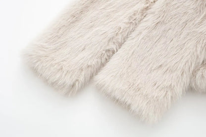 TRAFZA Female Vintage Artificial Fur Effect Coats Lapel Warm Plush Long Sleeves Hidden Buttons Autumn Winter Casual Outerwear