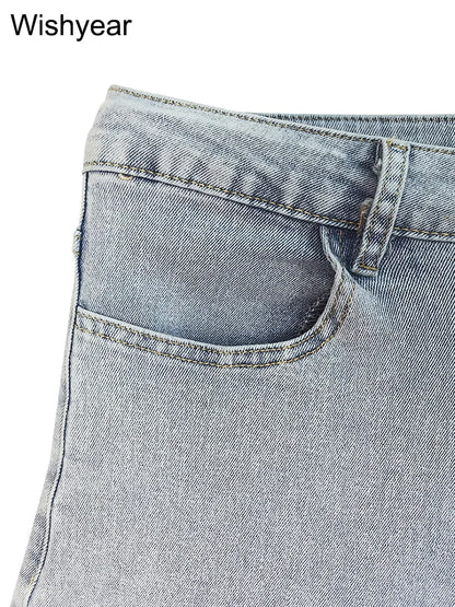 Sweatpants Multi Pockets Stretch Denim Cargo Pants Women Button Fly High Waist Loose Straight Baggy Jeans Trousers Streetwear