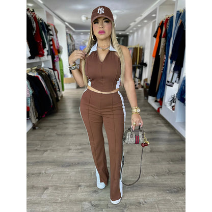 CM.YAYA Sporty Patchwork Women's Set Sleeveless Polo-tank Tops and Slit Flare Pants 2025 Active Two 2 Piece Set Outfit Tracksuit